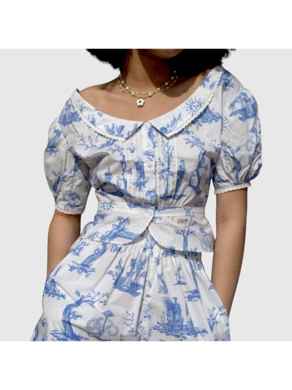 Meadows Mallow Cropped Blouse US 4 S Romantic Top Toile de Jouy Coquette Organic